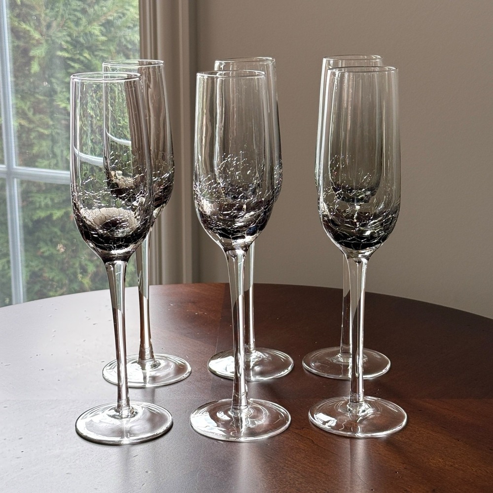 Pier 1 Crackle Glass Champagne Flutes Smoke Gray Clear Stem Set of 6 EUC Barware